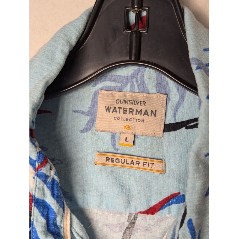 Quicksilver Waterman Short Sleeve Button‎ Up Blue Hawaiian Shirt Men Large Surf - Picture 3 of 3